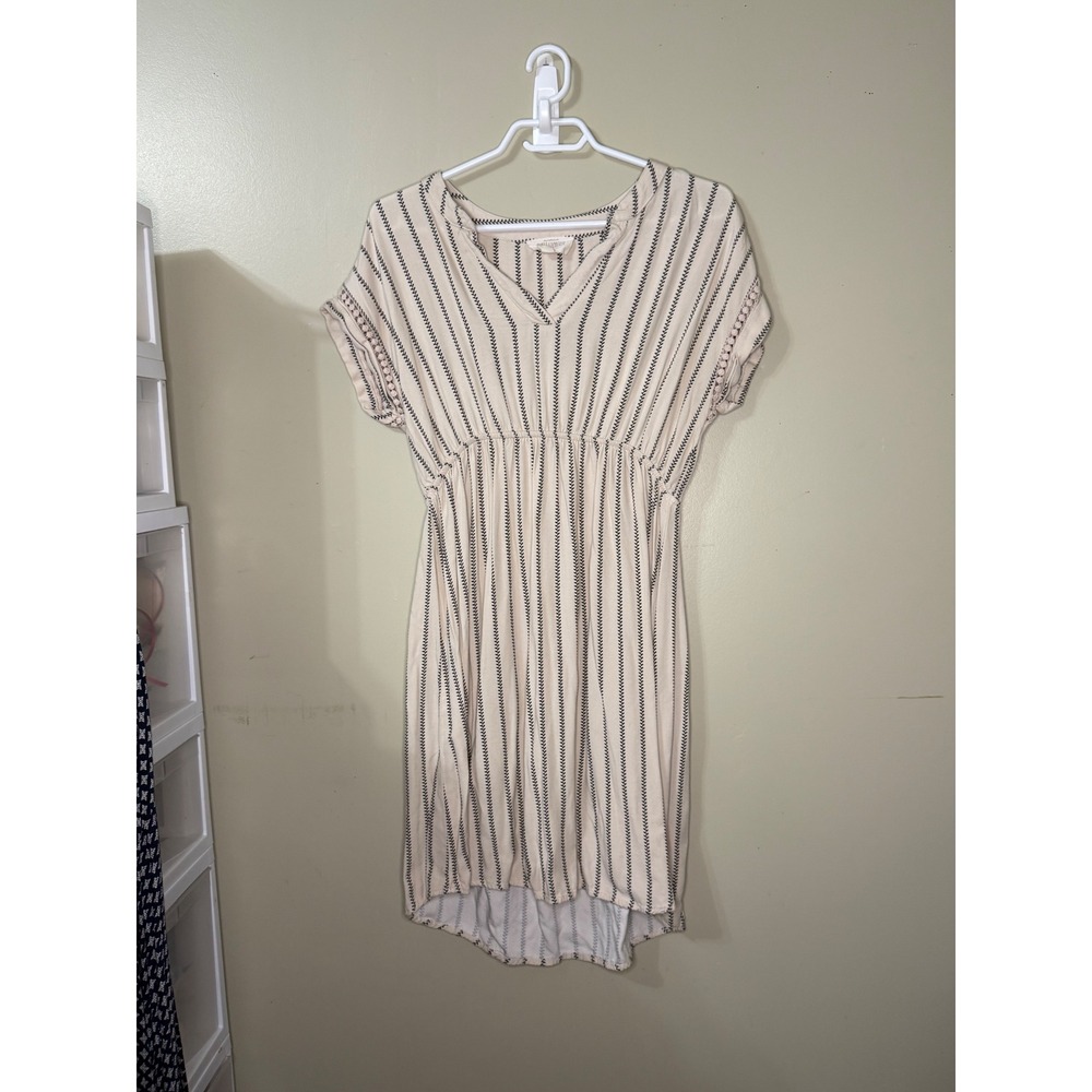 Sweet Wanderer Maternity Dress Large Cream Black Striped Boho Pom Trim SJ4082M-A